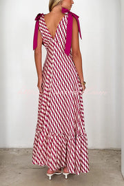 Unique Printed V-neck Sleeveless Lace-up Waist Maxi Dress