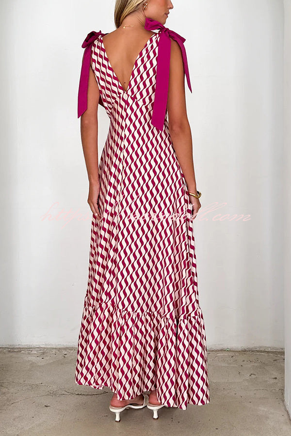 Unique Printed V-neck Sleeveless Lace-up Waist Maxi Dress