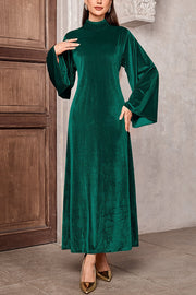 Solid Color Velvet Bell Sleeves Tie Waist Elegant Maxi Dress