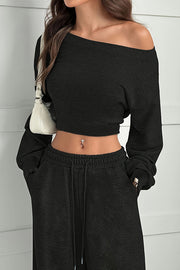 Solid Color Loose Long-sleeved Short Top and Elastic Waist Casual Pocket Wide-leg Pants Set