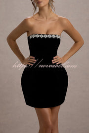 Effortlessly Elegant Velvet Jewel Embellished Trim Bandeau Mini Dress