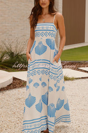 Shell Print Sling Pleated Holiday Maxi Dress