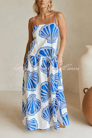 Linen Blend Shell Print Loose Strappy Resort Style Maxi Dress