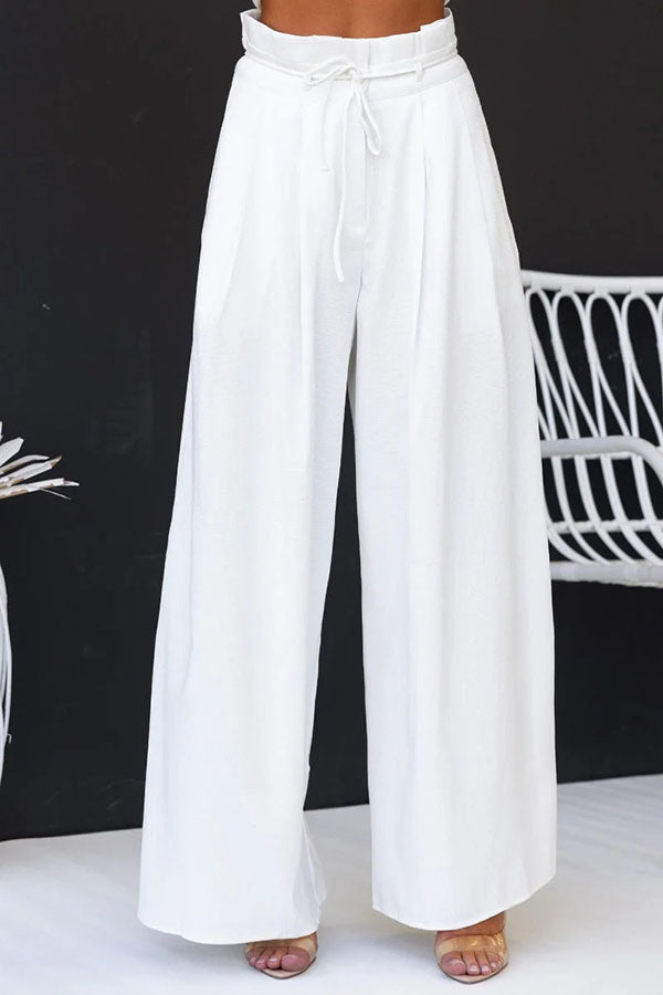 Gette Linen Blend Slit Front Top and High Rise Knoted Pocket Wide Leg Pants Set