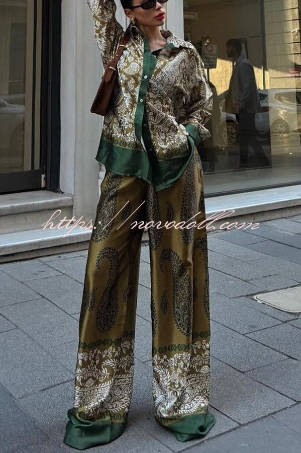 Naya Satin Contrast Color Paisley Long Sleeve Shirt and Elastic Waist Pocketed Pants Set