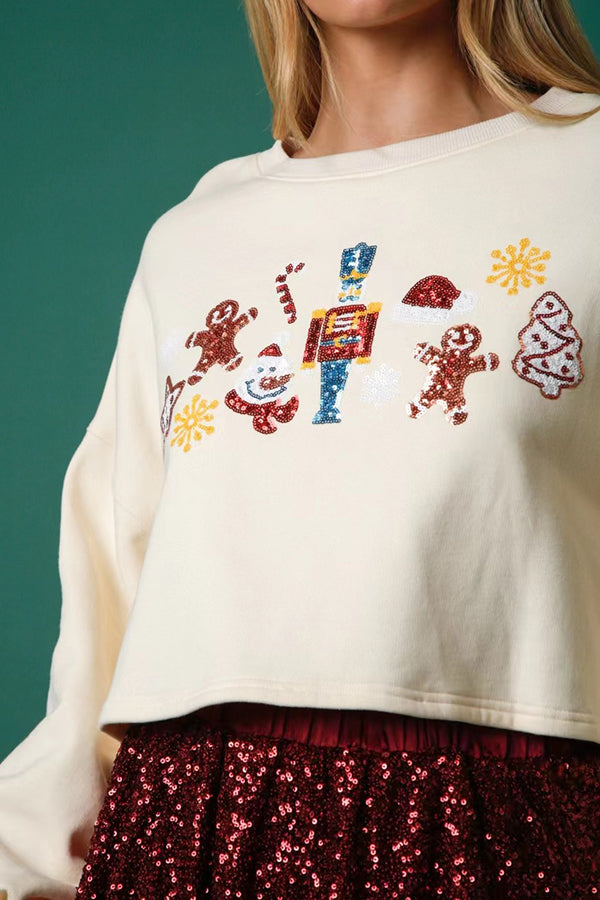 Christmas Sequined Casual Cropped Sweatshirt