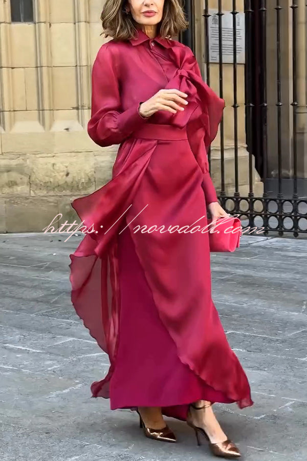 Lily Chiffon Bow Detail Puff Sleeve Blouse and Elegant Layered Maxi Skirt Set
