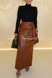 Snappy Casual Slay Faux Leather High Rise Wrap Tie-up Stretch Maxi Skirt