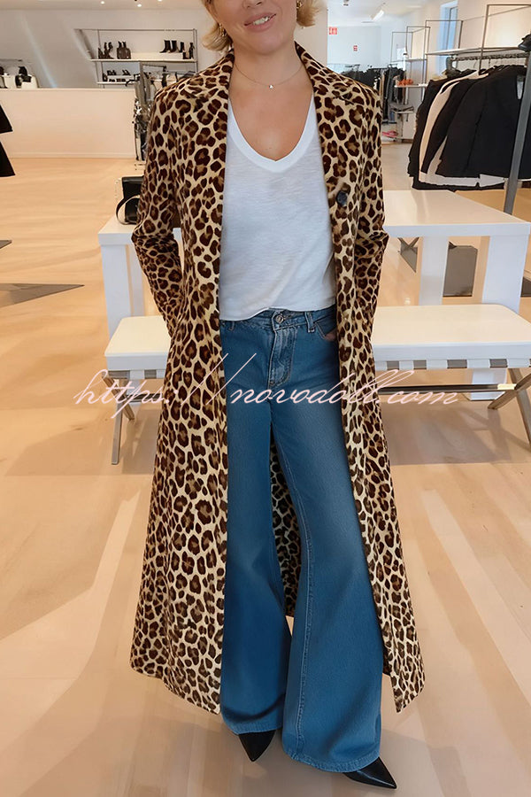 Leopard Print Long Sleeve Pocket Casual Maxi Trench Coat