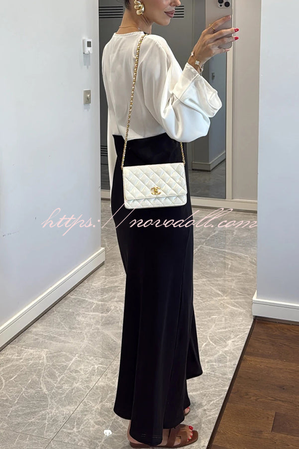 Lainei Contrast Color Satin Lace Trim V-neck Long Sleeve Maxi Dress