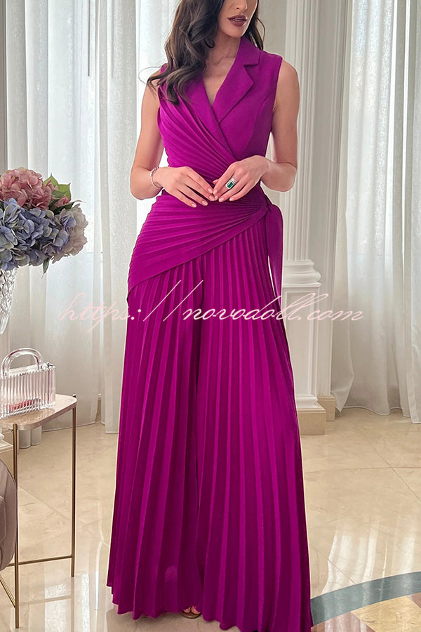 Solid Color Lapel Sleeveless Waist Tie Pleated Wide-leg Jumpsuit