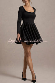 Playful Elegance Pearl Embellished Trim Long Sleeve Pleated Mini Dress