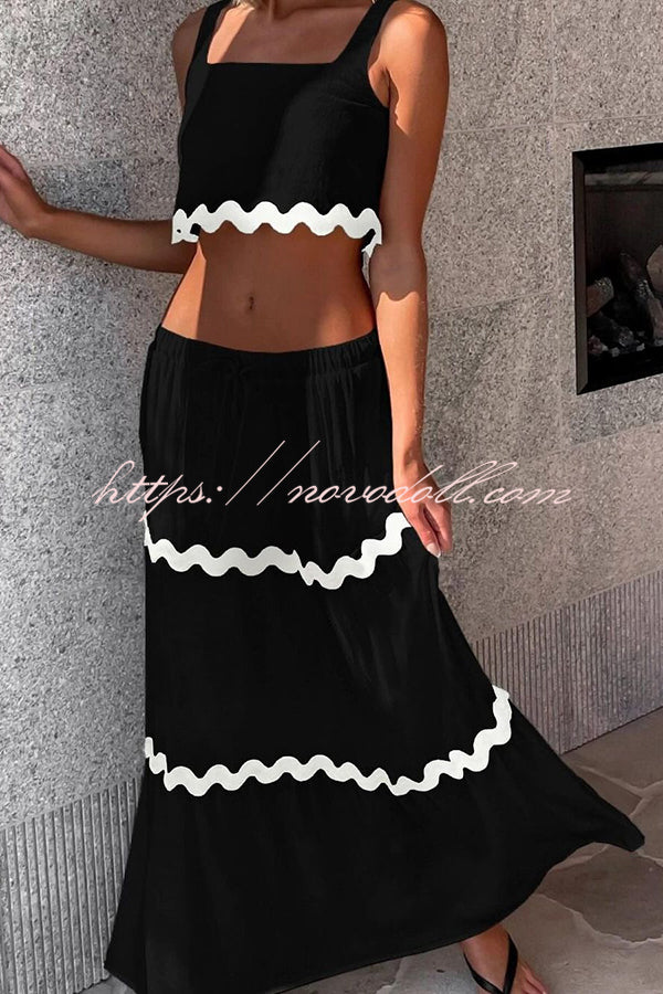 Napa Ric Rac Trims Sleeveless Crop Tank and Drawstring Elastic Waist Pocket Maxi Skirt