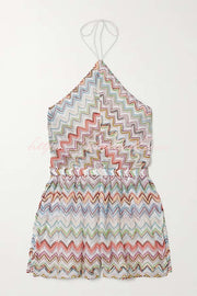Juney Knit Colorful Zigzag Pattern Halter Neck Slit Wide Leg Loose Romper