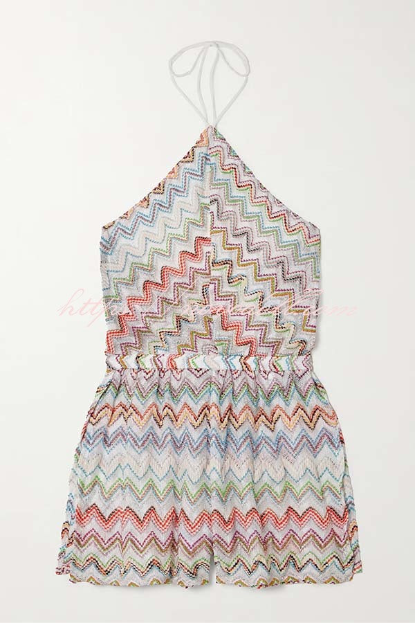Juney Knit Colorful Zigzag Pattern Halter Neck Slit Wide Leg Loose Romper