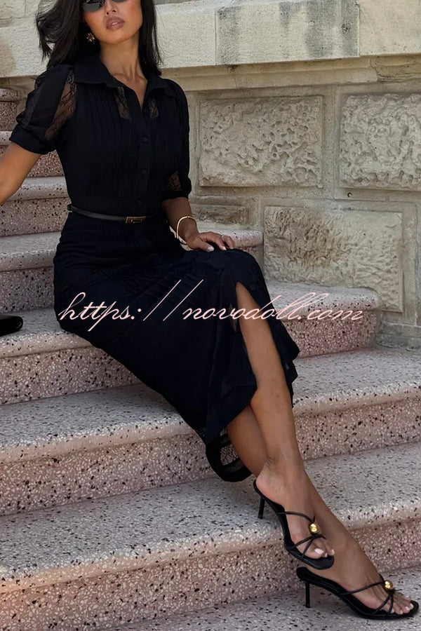 Lysette Lace Trim Pleated Button Up Short Sleeve Shirt Midi Dress