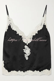 Celebration Look Contrast Color Satin Lace Trim V-Neck Slip Tank