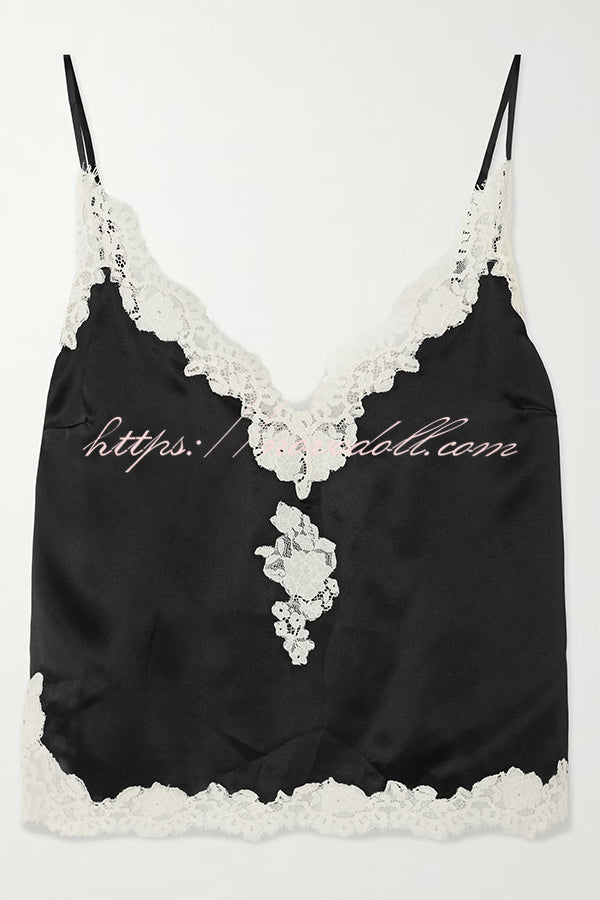 Celebration Look Contrast Color Satin Lace Trim V-Neck Slip Tank