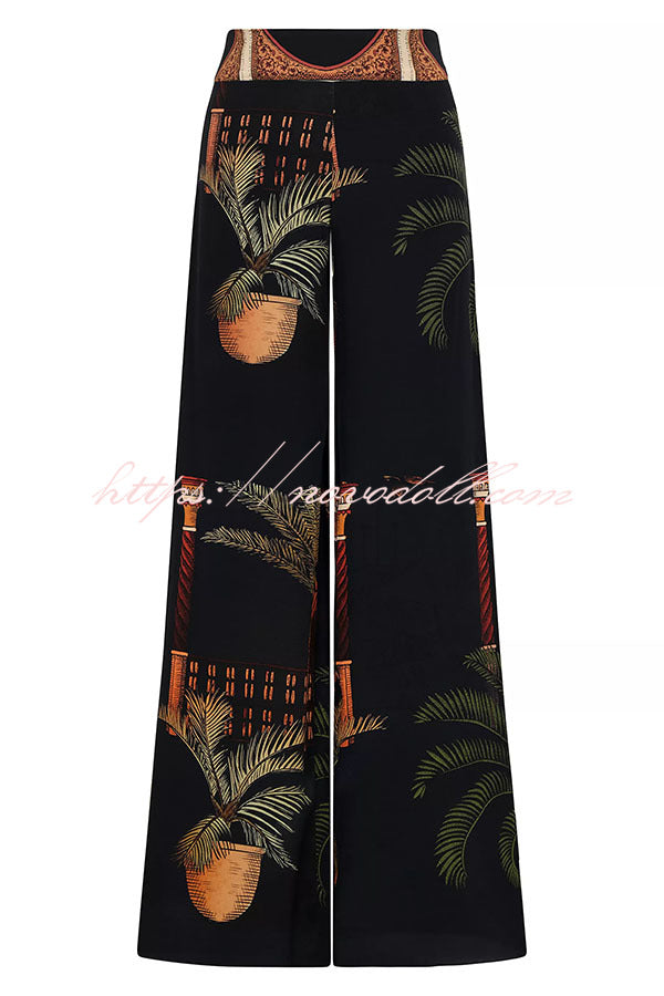 Jungle Elf Unique Print Halter Slit Midi Tank and Elastic Waist Wide Pants Set