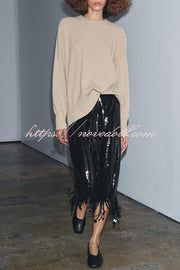 City Queen Sequin Tassel Round Pieces High Rise Back Zipper Midi Skirt