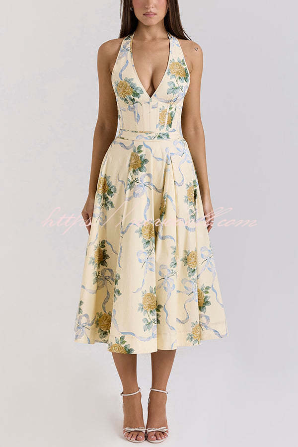Resort Star Floral Print Waist Halterneck Tie Pocket Midi Dress