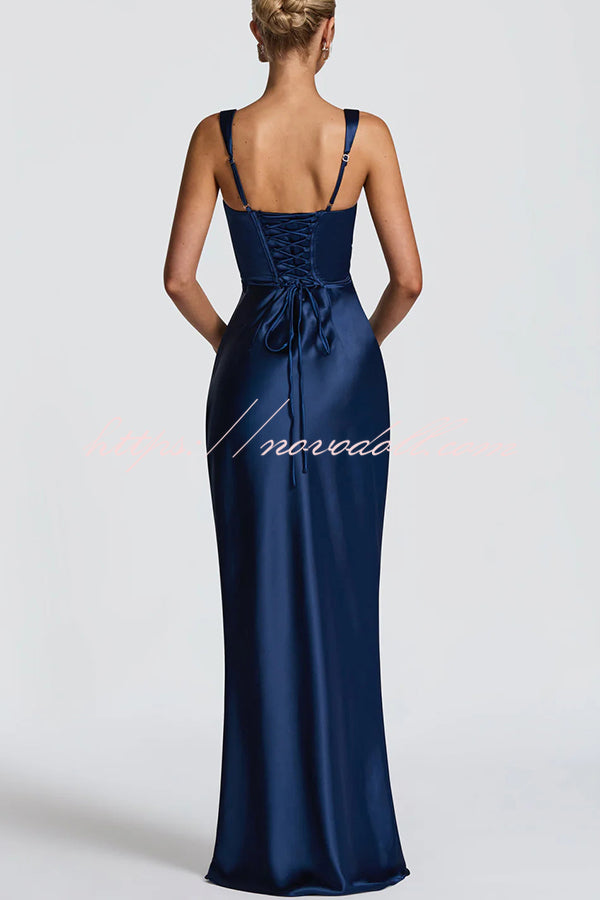 Calanthe Satin Square Neck Ruched Back Lace-up Drape Mesh Scarf Maxi Dress