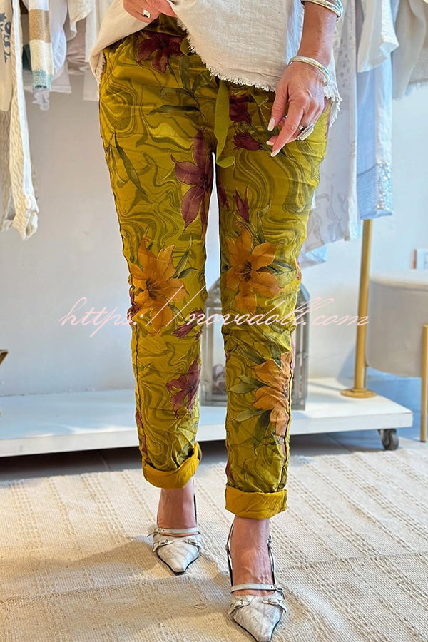 Floral Print Elastic Waist Casual Pocket Pants