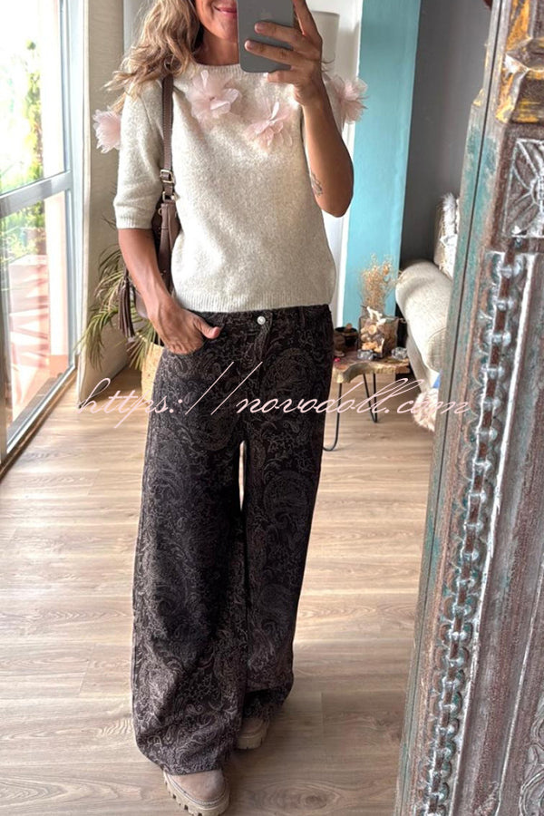 Alboran Knit Organza Flowers Detail Short Sleeve Loose Sweater