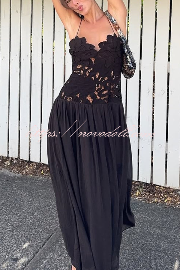 Stephanie Flower Crochet Lace Bust Chiffon Fluffy Hem Maxi Dress