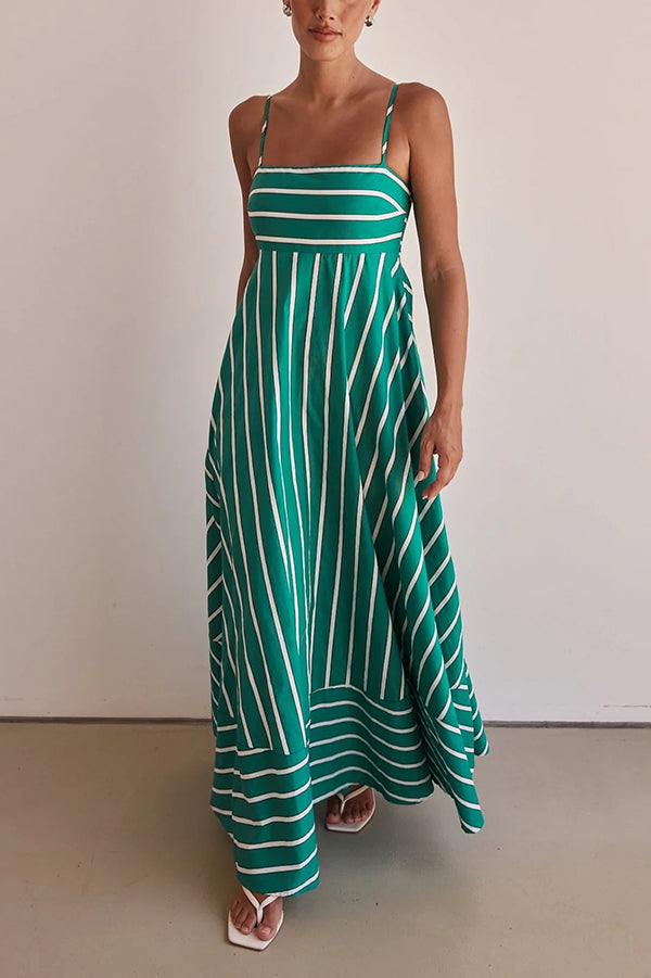 Stripe Print Sling Backless Pleated Maxi Dress