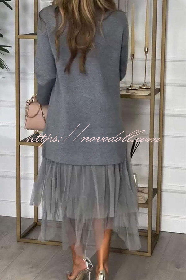 Taylor Knit High Neck Zip Top Patchwork Layered Tulle Loose Midi Dress