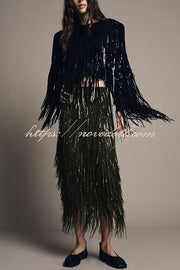 Party Crasher Layered Sequined Tassels High Rise Back Zipper Midi Skirt
