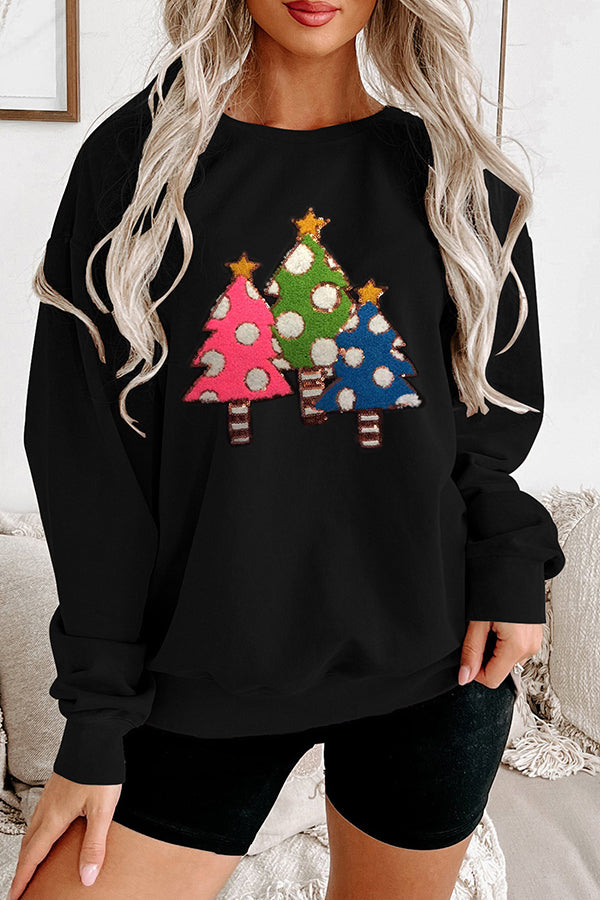Christmas Plush Sequined Tree Casual Loose Sweatshirt