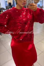 Celebration Day Sequin Patchwork Loose Sweatshirt and Satin Elastic Waist Maxi Skirt Set