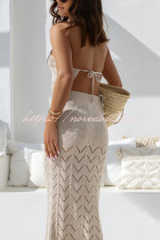 Solid Knit Hollow Halter Top and Stretch Fit Maxi Skirt Set