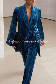 Solid Color Velvet Pleated Long-sleeved Tie Top and Casual Pocket Straight-leg Pants Set