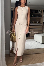 Solid Color Slim Fit Crew Neck Button Up Sleeveless Knitted Maxi Dress