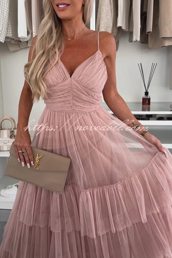 Romantic Movie Tulle Ruched Tiered Hem Slip Maxi Dress