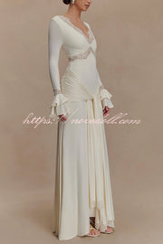 Fashion Lace Splicing Sexy V-neck Long-sleeved Slim Maxi Dress
