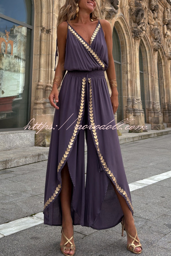 Tamia Gold Trim Elastic Waist Slit Wide Leg Slip Jumpsuit