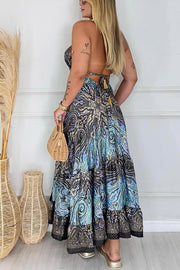 Bohemian Style Unique Print V-neck Suspender Holiday Maxi Dress
