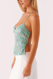 Dazzling Sequin Beaded Material Back Lace-up Loose Tank