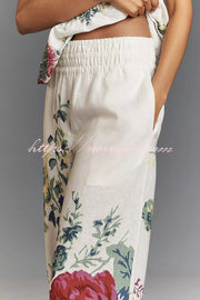 In To The Summer Linen Blend Floral Print Elastic Bandeau and Elastic Waist Pocket Loose Pants Set
