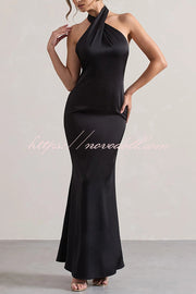 Solid Color Halter Neck Tie Sexy Backless Slim Maxi Dress