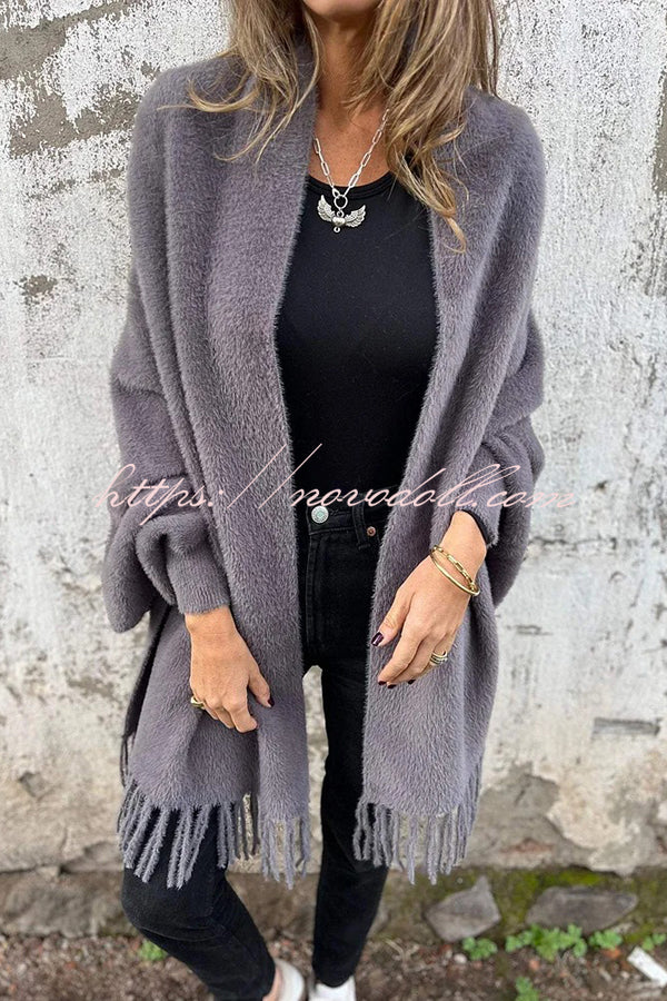 Warm Corner Knit Plush Tassel Trim Relaxed Shawl Cardigan