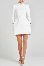 Lovers Kiss Pearl Trim High Neck Long Sleeve Pocketed Tulip Mini Dress