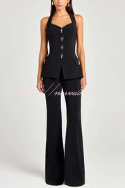 Women Power Metal Cross Snap Button Sweetheart Neck Wide Strap Vest