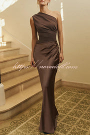Kaia Satin Contrast Fabric Patchwork One Shoulder Ruched Maxi Dress