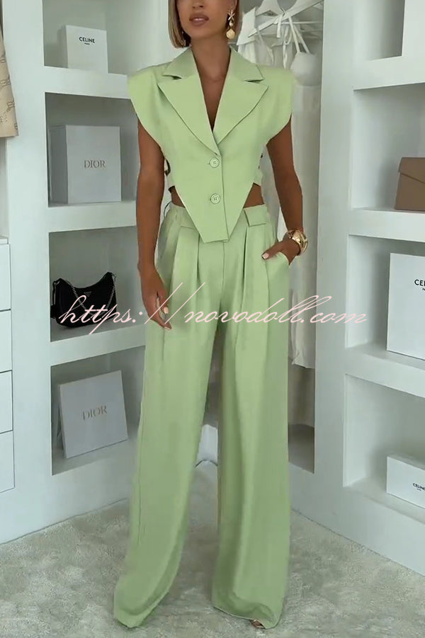 Fashion Style Lapel Waist-baring Irregular Vest and  Elastic Waist Pocket Loose Pants Set