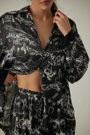 Unique Printed Lounge Long-sleeved Shirt and Elastic Waisted Baggy Pants Set